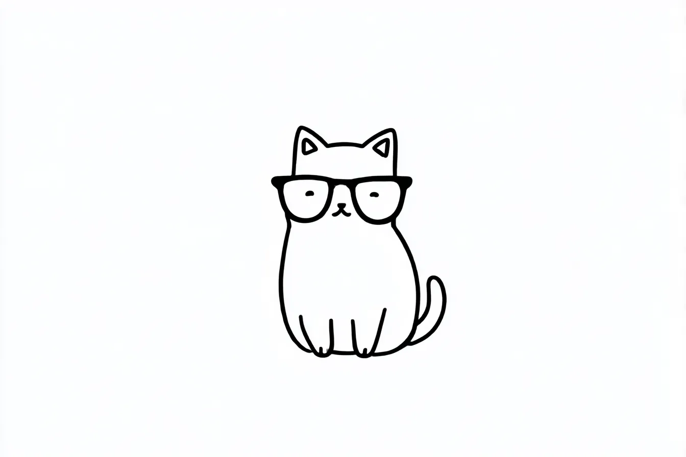 メガネねこの韓国線画背景|シンプルな白背景に、黒いラインで描かれたねこキャラがひとり佇む構図。韓国ミニマル系の可愛さを取り入れた背景で、余白の活かし方が秀逸なデザインです。