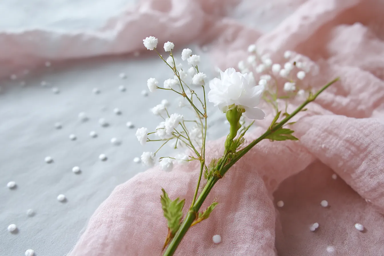 かすみ草と布の韓国ガーリー背景|淡いピンク布と白い花、パール風の小物が繊細に並ぶ可憐な背景。韓国ガーリー文化に根ざした優しい配色と小物使いで、乙女系イラストにぴったりです。