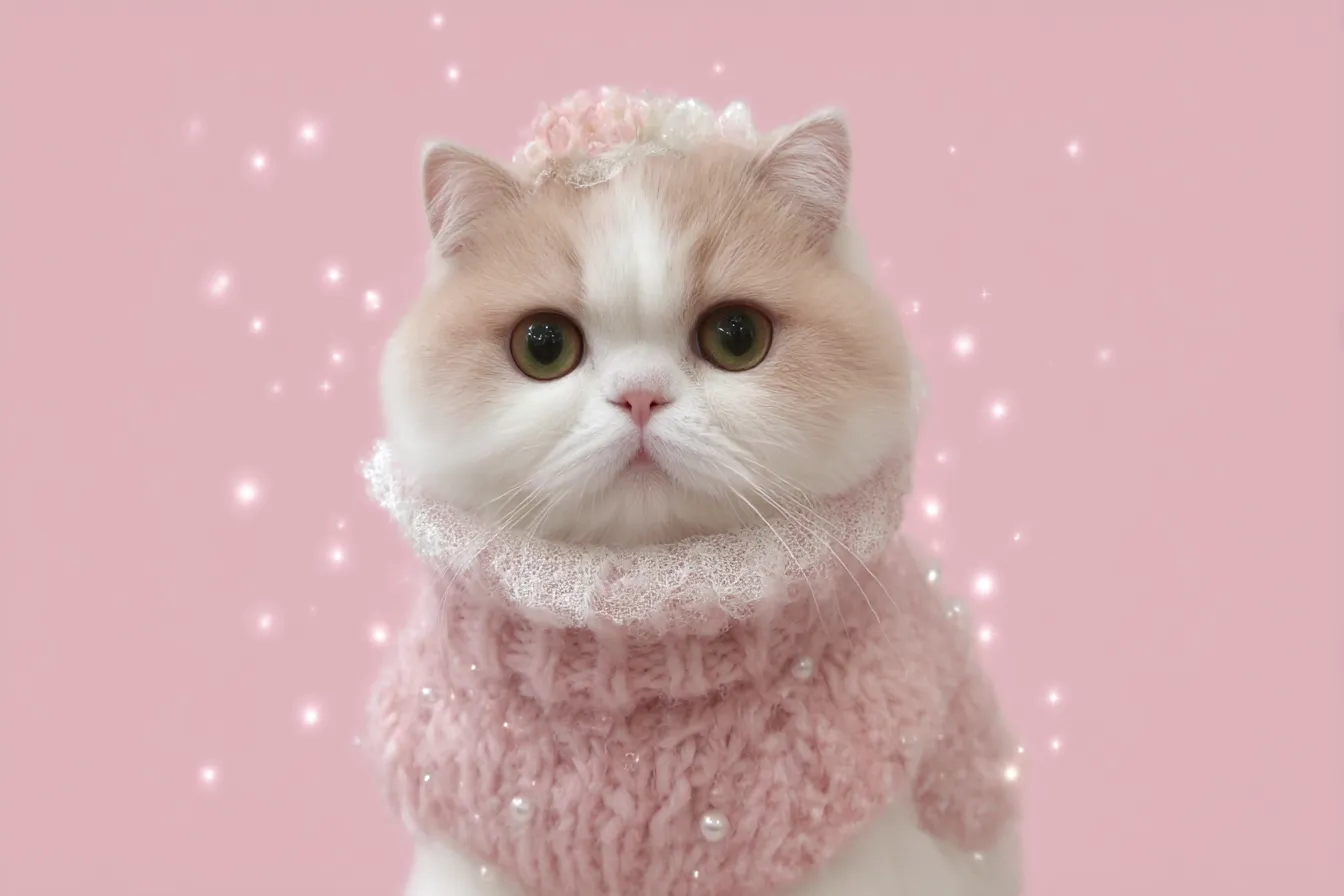 おしゃれ韓国背景×レース帽子ネコ|ピンクトーンで統一されたネコのポートレート。ニットとレースの甘いテクスチャ、光の粒が舞う背景が幻想的で、おしゃれ韓国系ガーリーの世界観を体現しています。