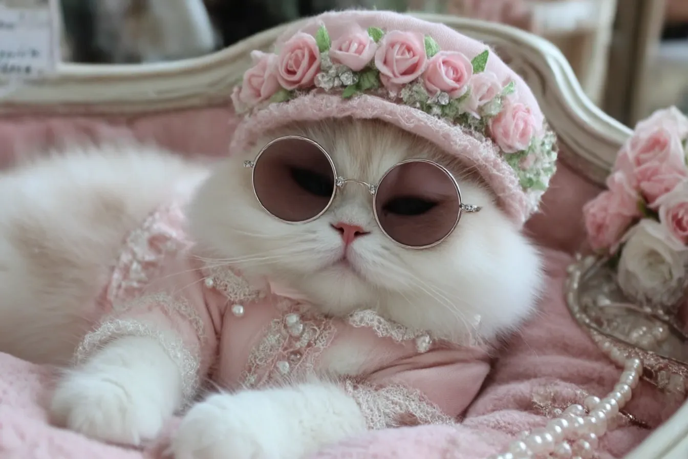 おしゃれ韓国背景×ローズサングラスネコ|ピンク系ファッションに身を包み、花飾りの帽子と丸サングラスが映えるネコ。クラシカル×ガーリーの韓国ヴィンテージスタイルを感じる洗練された構図。