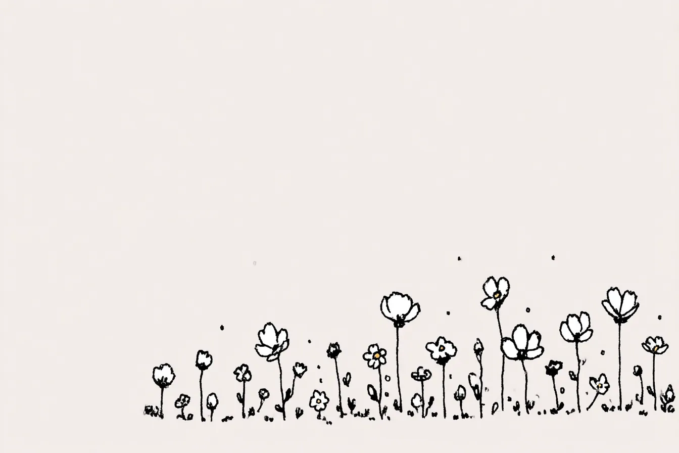 おしゃれ韓国背景×線画フラワー|手描き風の花の線画が横に並ぶミニマル背景。ベージュがかった淡色が韓国のシンプル志向とマッチし、優しくナチュラルな印象を与えるデザインです。