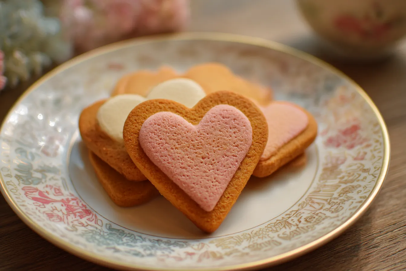 おしゃれ韓国背景×ハートクッキー|ハート形のクッキーが重なる様子が温かみのある光で演出され、韓国カフェのようなスイートで穏やかな空気感。繊細な皿模様もポイント。