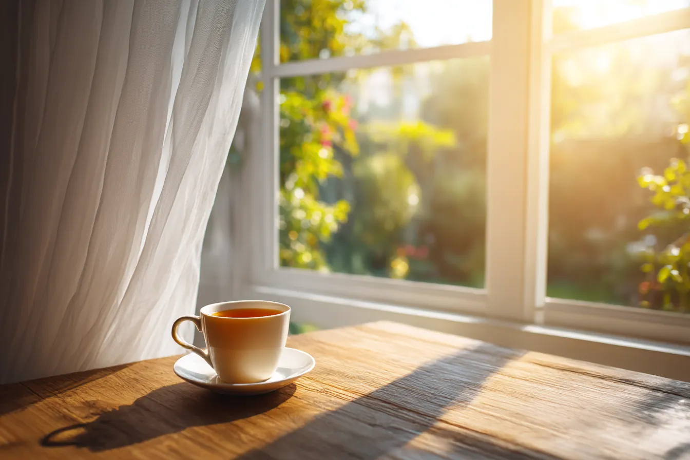 おしゃれ韓国背景×朝のティーカップ|朝の光が差し込むカーテンとティーカップの構図。韓国インテリア特有のナチュラルウッドと白が調和し、穏やかでやさしいモーニングタイムの雰囲気を醸します。
