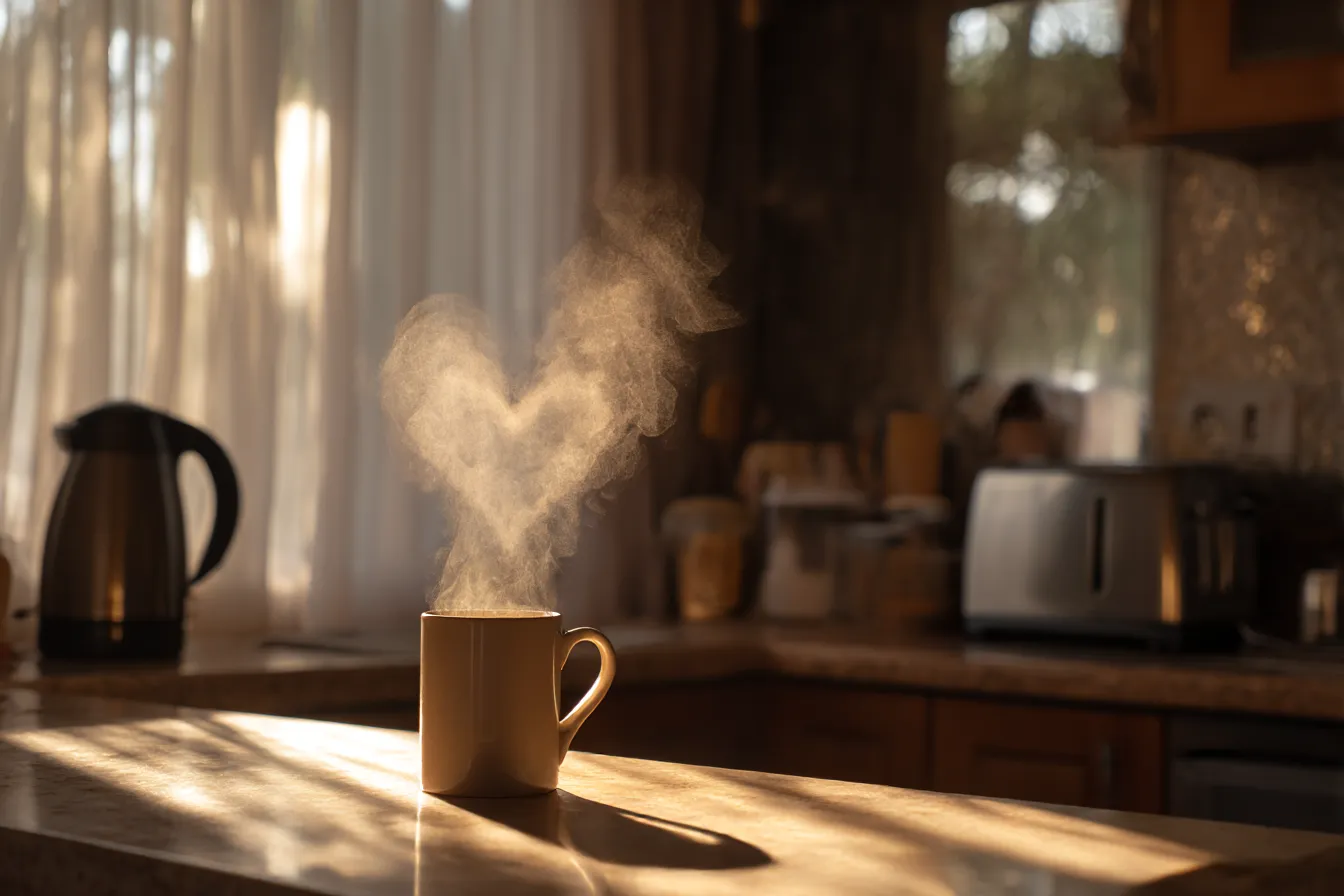 おしゃれ韓国背景×ハートの湯気マグ|湯気がハート型に立ち昇るマグカップ。あたたかな木漏れ日とシンプルキッチンが調和し、韓国ドラマに登場しそうな生活感とロマンスを感じさせる背景です。