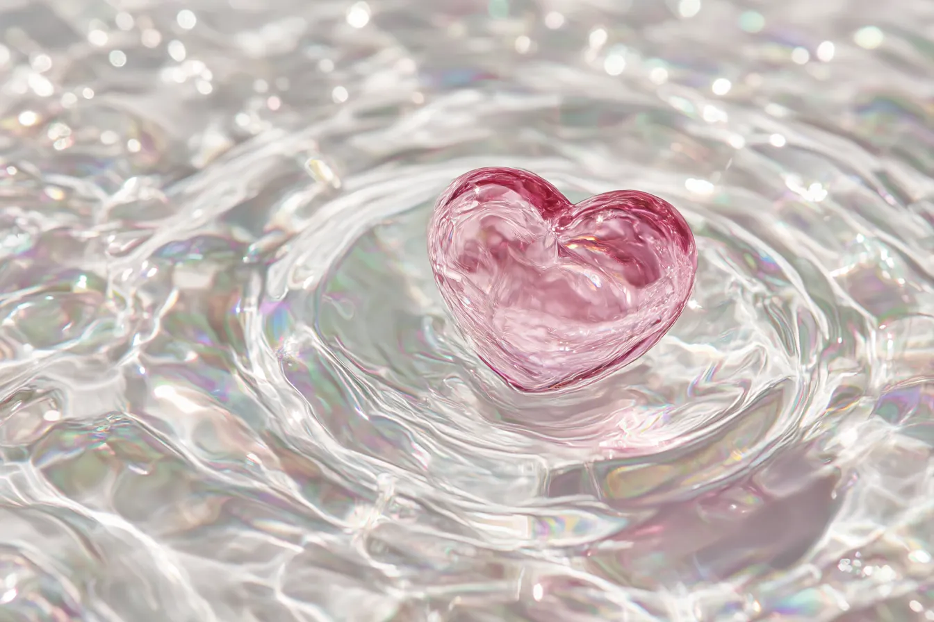 おしゃれ韓国背景×ガラスハート|水面に浮かぶガラスのハートが、淡い虹色の光に照らされる幻想的な世界。韓国風アクセサリーやファンタジックな演出に映える儚げなビジュアル。