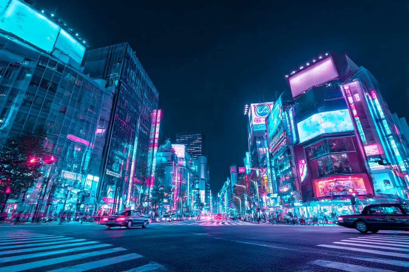 夜景背景×ネオン街交差点｜ピンクとブルーの強いネオンが交差点を照らす、サイバーパンク風の街角。韓国ストリートや近未来風演出に映える刺激的な背景です。