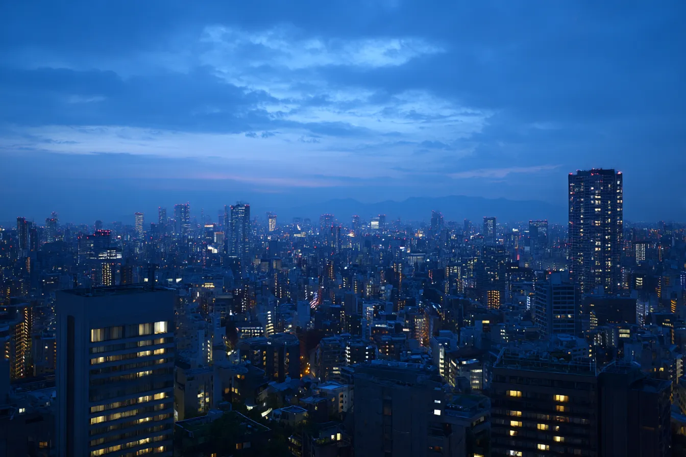 夜景背景×ブルートーンの大都市｜ブルートーンで統一された都市夜景。整然としたビル群に柔らかく広がる空が、静けさと都会の洗練を感じさせるシンプルでクールな夜景です。