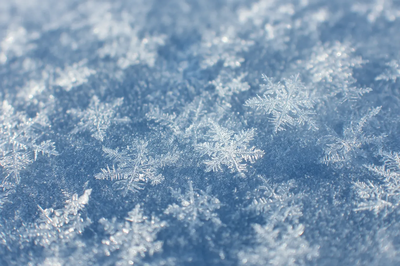 雪背景×リアルな雪の結晶｜雪面に広がる繊細な雪の結晶が、自然光を受けてキラキラと輝くリアルフォト風背景。透明感と静けさに満ち、冬の清らかさを表現する印象的なビジュアルです。