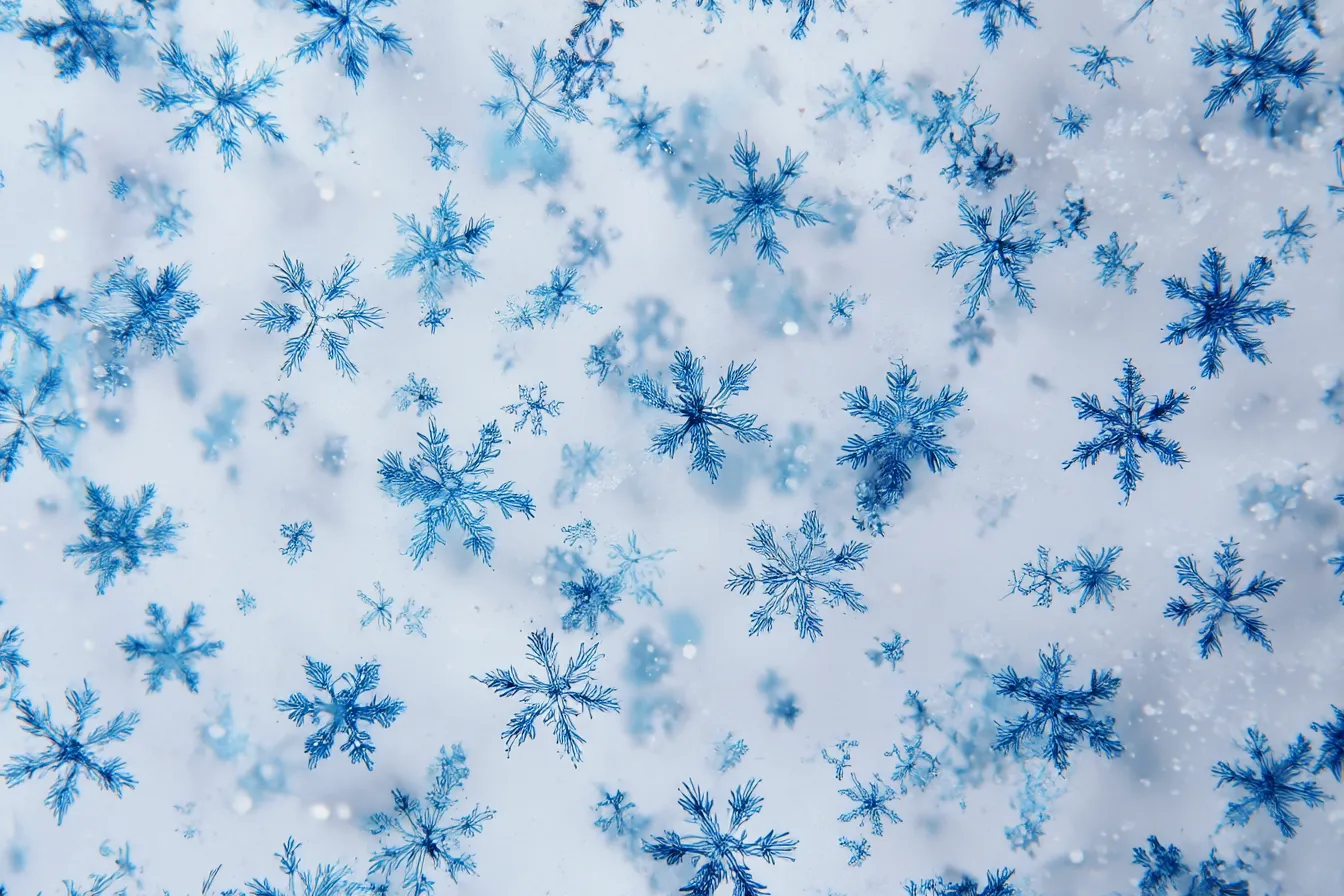 雪背景×青い幻想的な結晶模様｜鮮やかなブルーの雪の結晶が舞う幻想的な背景。まるで空間に浮かんでいるかのような立体感と透明感があり、ファンタジーや冬の物語風演出にぴったりです。