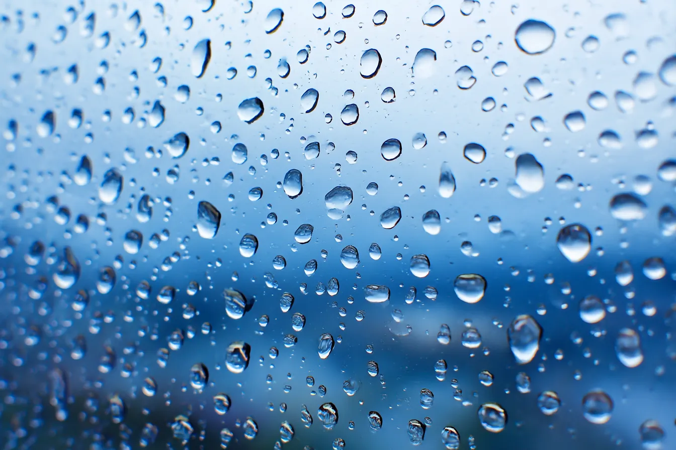 雨背景×ガラスについた雨粒の接写｜ガラス面に無数に散る雨粒がキラキラと光を反射する、透明感あるリアル質感の背景。ぼかされた背景とのコントラストが美しく、幻想的で詩的な雰囲気を醸します。