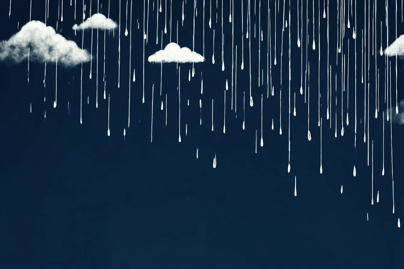 雨背景×手描き風の雨と雲イラスト｜濃紺の背景に描かれた雲と縦線の雨がユーモラスな印象を与えるイラスト背景。手描き感とミニマルな構成が特徴で、ポップでかわいい演出に適しています。