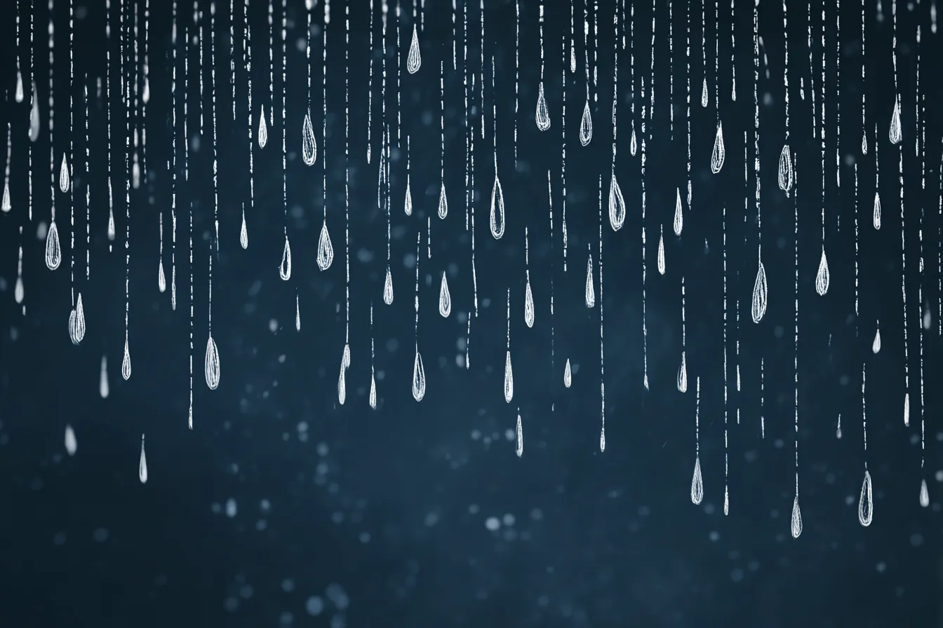 雨背景×鉛筆風の繊細な雨の線画｜細い線で描かれた無数の雨粒が繊細に垂れ下がる、やわらかで詩的なデザイン背景。夜の空気を感じる紺色ベースで、しっとりとした情緒的演出にぴったり。
