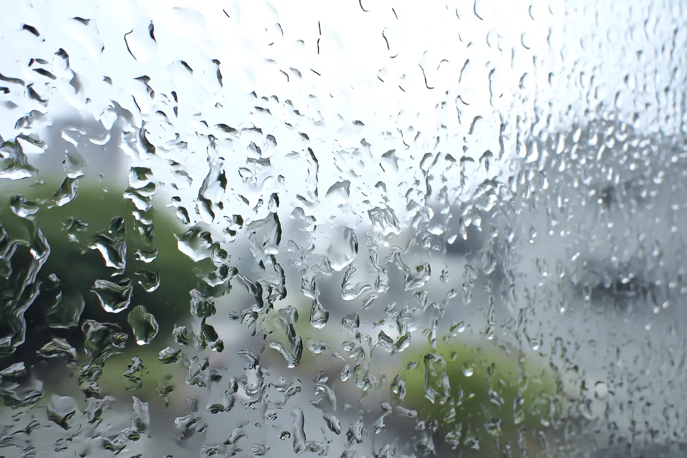 雨背景×窓越しのにじんだ雨模様｜雨粒がガラス面でにじむように流れ、背景が歪んで見えるリアルな雨の描写。しっとりとした空気と静寂が漂う、実写風の情緒豊かな雨背景です。