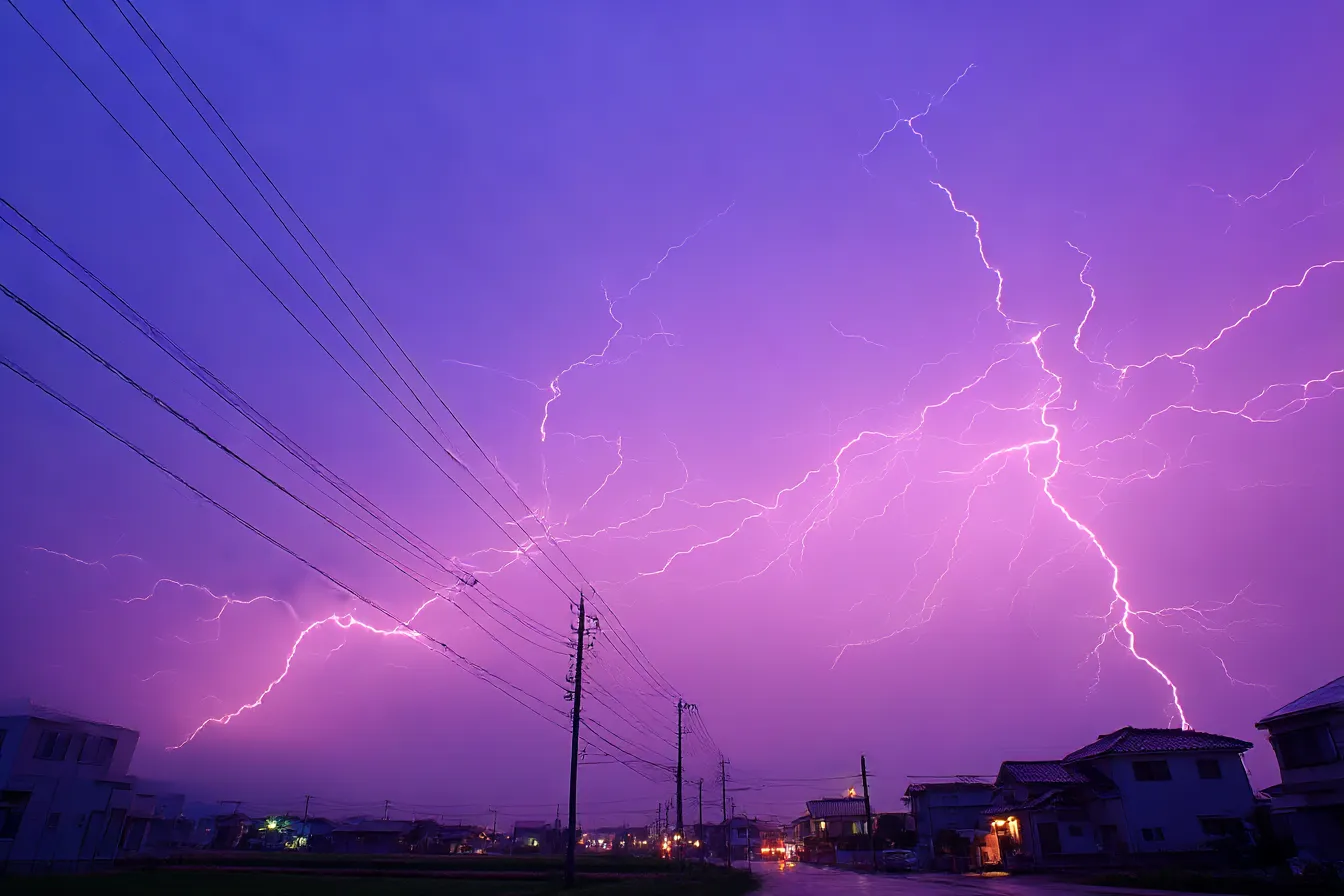 雷背景×紫の空に走る稲妻と電線｜濃い紫の空に無数の稲妻が広がり、電線と住宅がシルエット状に浮かぶ構図。幻想的かつ緊張感のある演出が可能で、韓国エモやY2K風にも映える強いビジュアル。