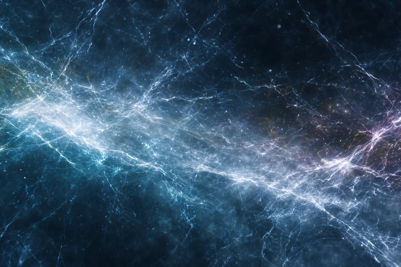 雷背景×宇宙空間の電気的閃光｜漆黒の空間に光の糸が走るような幻想的な雷表現。SF風のビジュアルで、天体や銀河のような広がりとスピード感があり、近未来・サイバー演出に適しています。