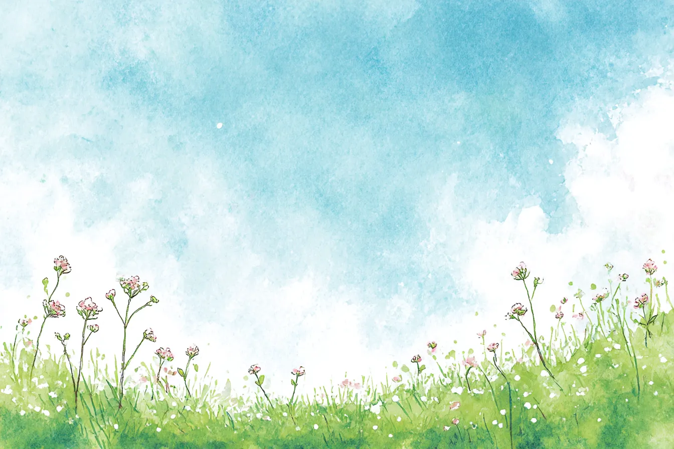 草原背景　水彩タッチの花咲く野原｜淡く優しい水彩画風で描かれた草原背景。小さな花々と淡い空色が調和し、絵本のような可憐でほのぼのとした印象を与えるデザイン。