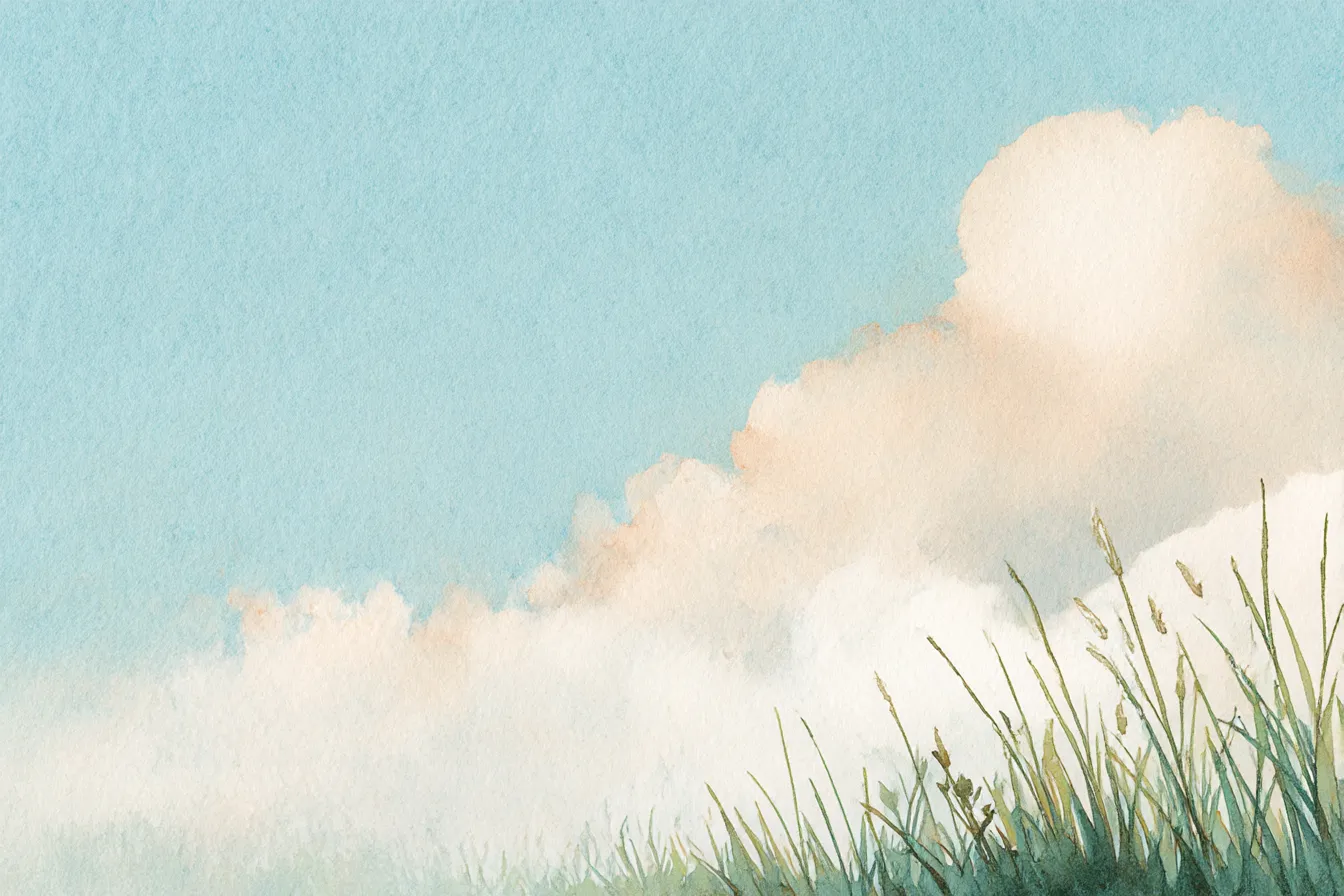 草原背景　水彩の雲と風にそよぐ草｜水彩特有のにじみと柔らかな筆致で描かれた草原背景。高く描かれた雲と草の構図が、静かな午後の風景や詩情を感じさせる仕上がり。
