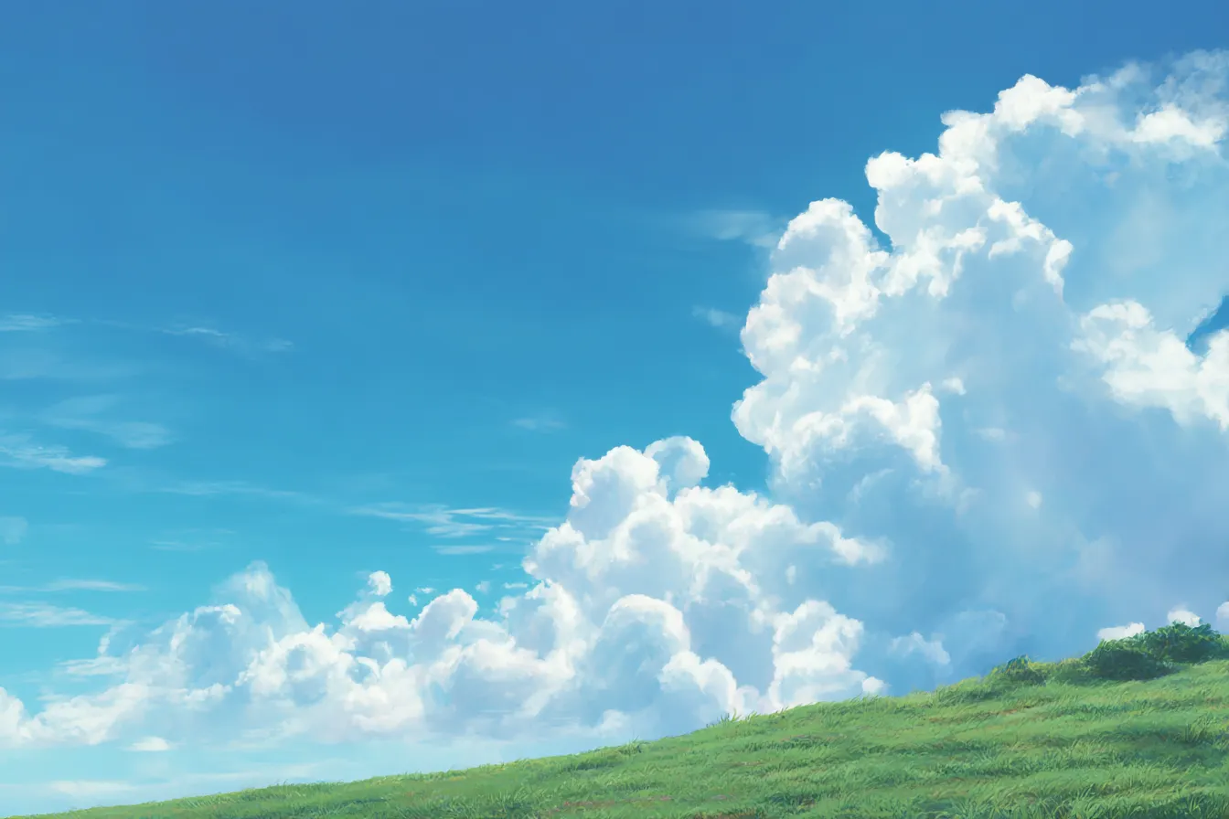 ジブリ背景　草原と入道雲の夏空風景｜入道雲が湧き立つ夏の青空と緩やかな草原のジブリ背景。厚みのある雲の描写と明快な色使いが、懐かしくも爽快な夏の情景を印象付ける。