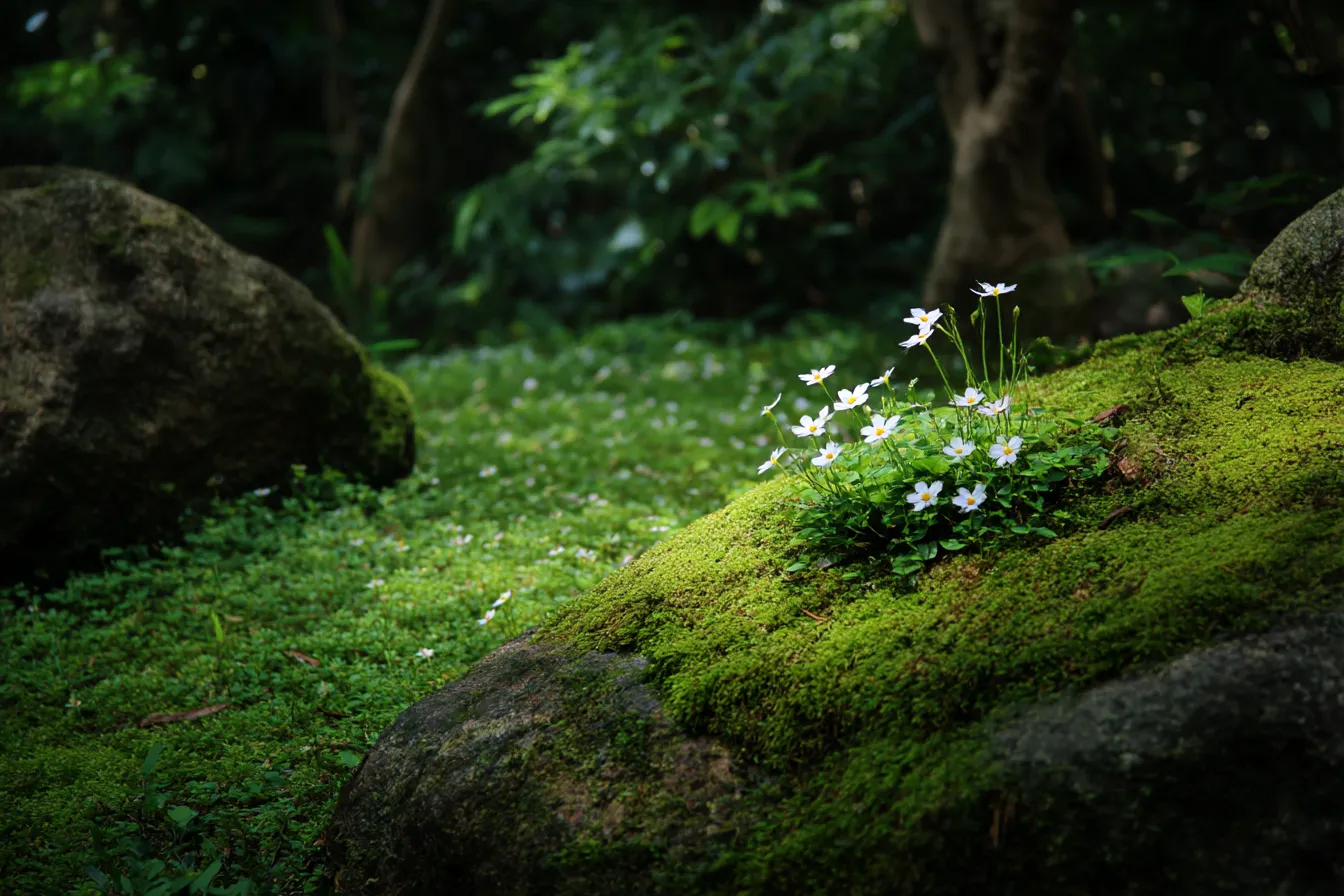 ジブリ背景　苔と白い小花の森の床｜苔むした岩に咲く白い野花が静かに佇むジブリ背景。光と影の繊細なコントラストが、森の奥深さや神秘的な静寂を感じさせる写真風演出。