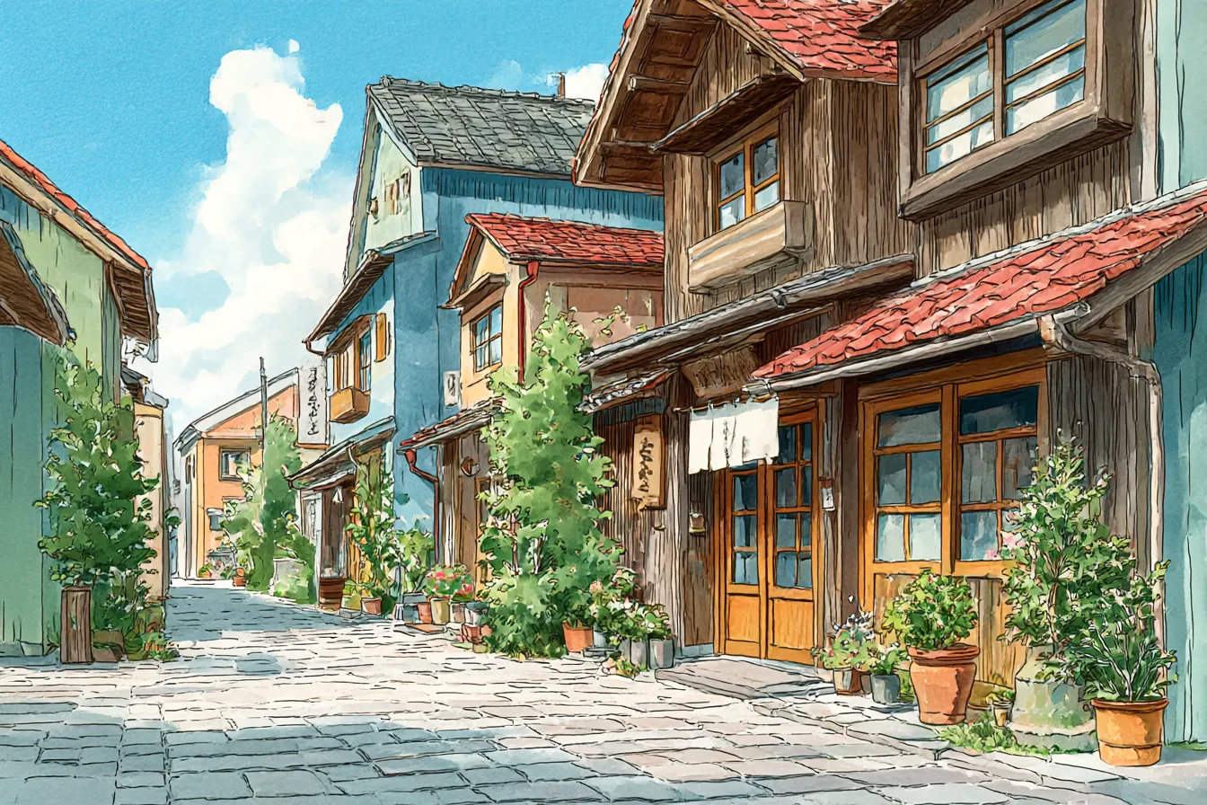 ジブリ背景　木造家屋と花咲く通り道｜手描き水彩風の木造家屋が並ぶ路地のジブリ背景。植木鉢や看板など細部まで描かれ、温かみある下町の暮らしを感じさせる優しい風合い。