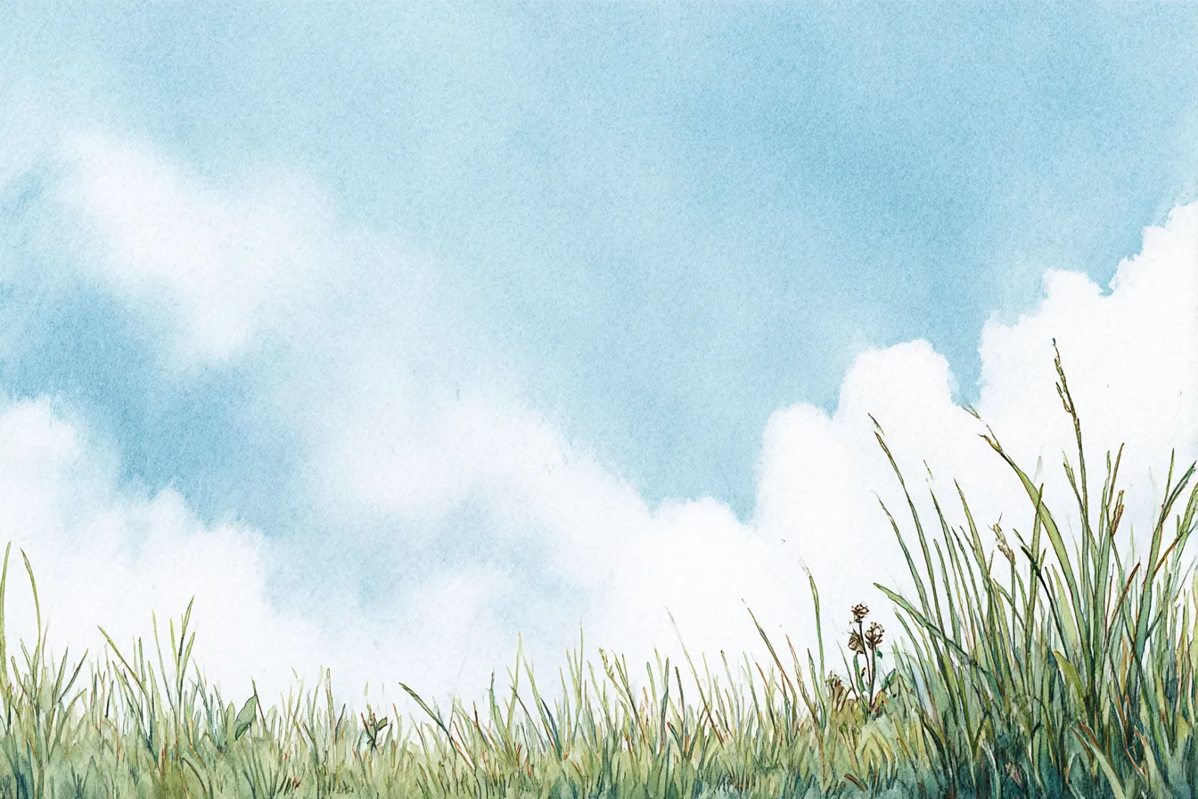 ジブリ背景　雲と草がそよぐ水彩風景｜柔らかな水彩タッチで描かれた草と雲のジブリ背景。繊細なにじみや淡い色調が、穏やかな午後の空気感と絵本的なやさしさを伝える。