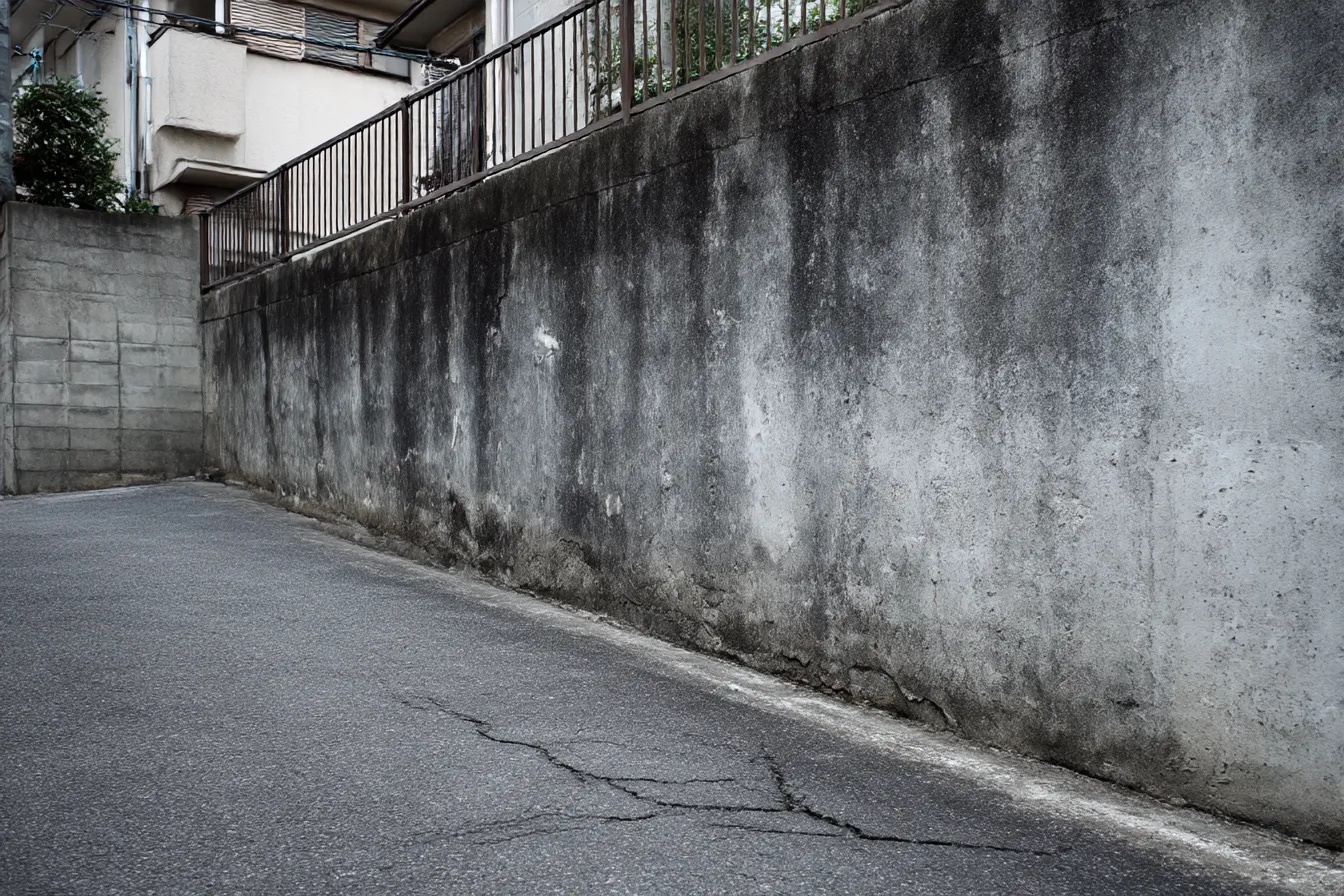 路地裏背景　古びたコンクリ塀と曲がり角｜長年風雨に晒された壁面とひび割れた道路が描かれた路地裏背景。経年変化が醸す空気感が、物語の舞台や回想シーンに適したテクスチャ。