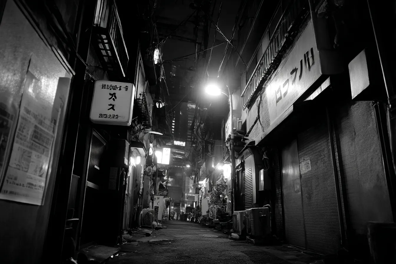 路地裏背景　昭和感漂う夜の飲み屋街｜ネオン看板と街灯に照らされた細い通りのモノクロ路地裏背景。昭和の風情と少しの寂しさが漂い、レトロで哀愁ある演出にぴったり。