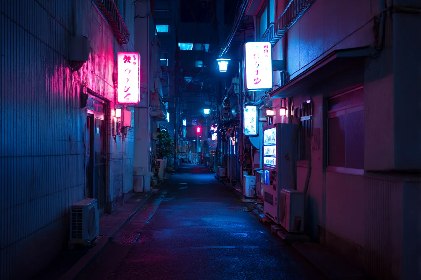 路地裏背景　ネオン灯るナイトアーケード｜青とピンクのネオンが幻想的に光る夜の路地裏背景。サイバーパンク調の配色が印象的で、現実感と非日常感をあわせ持つ演出向き。