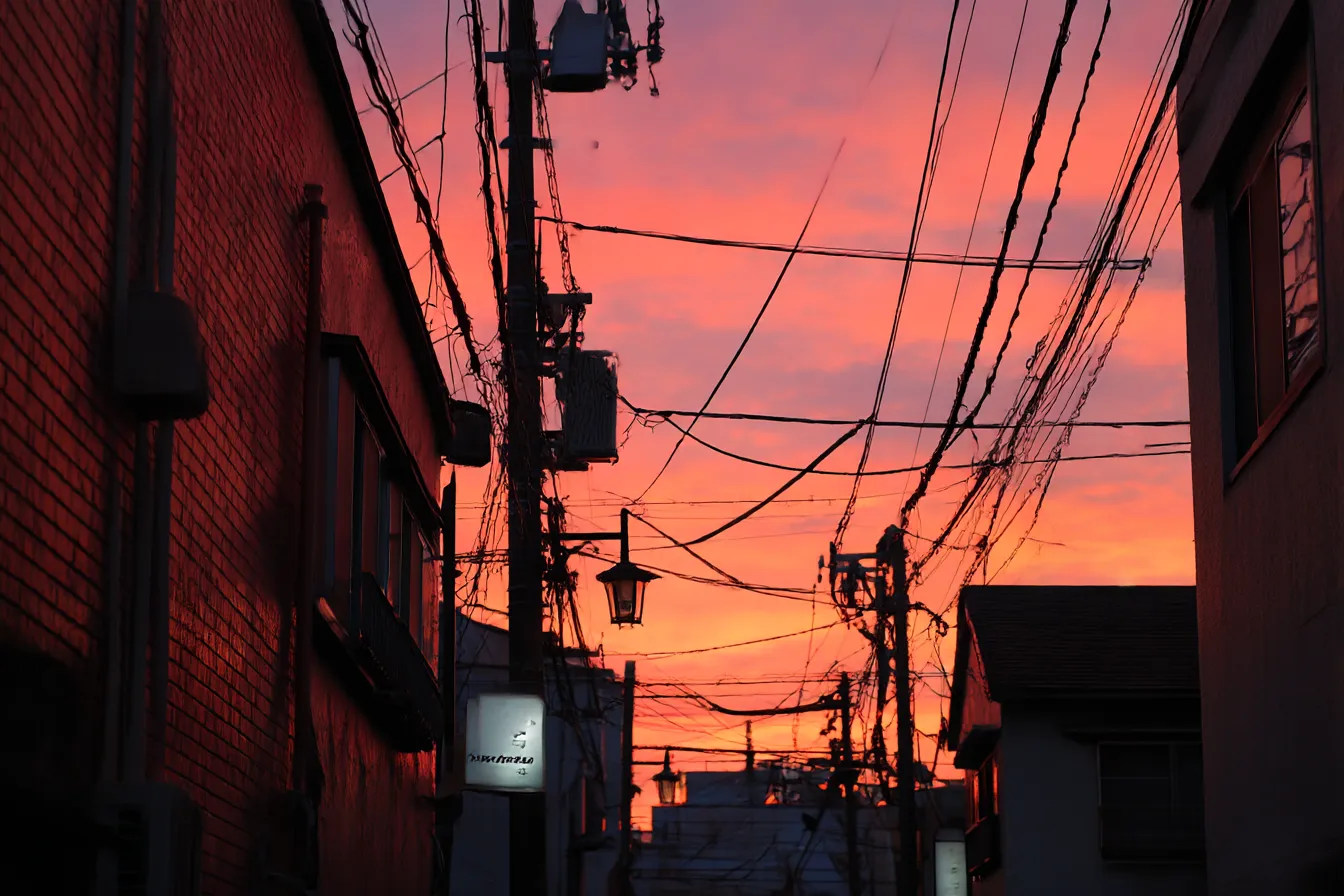 路地裏背景　夕焼け染まる住宅街の隙間｜燃えるような夕焼けが電線越しに広がる路地裏背景。シルエットの建物と赤い空のコントラストが、切なさと温かさを同時に伝える。