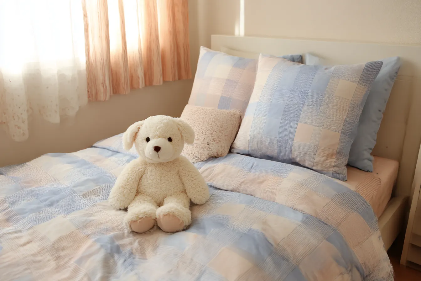 ベッド背景　ぬいぐるみと淡色寝具の子ども部屋｜水色とピンクのチェック柄寝具が可愛らしいベッド背景。くまのぬいぐるみとレースカーテンが、柔らかで安心感ある子ども部屋の雰囲気を演出。