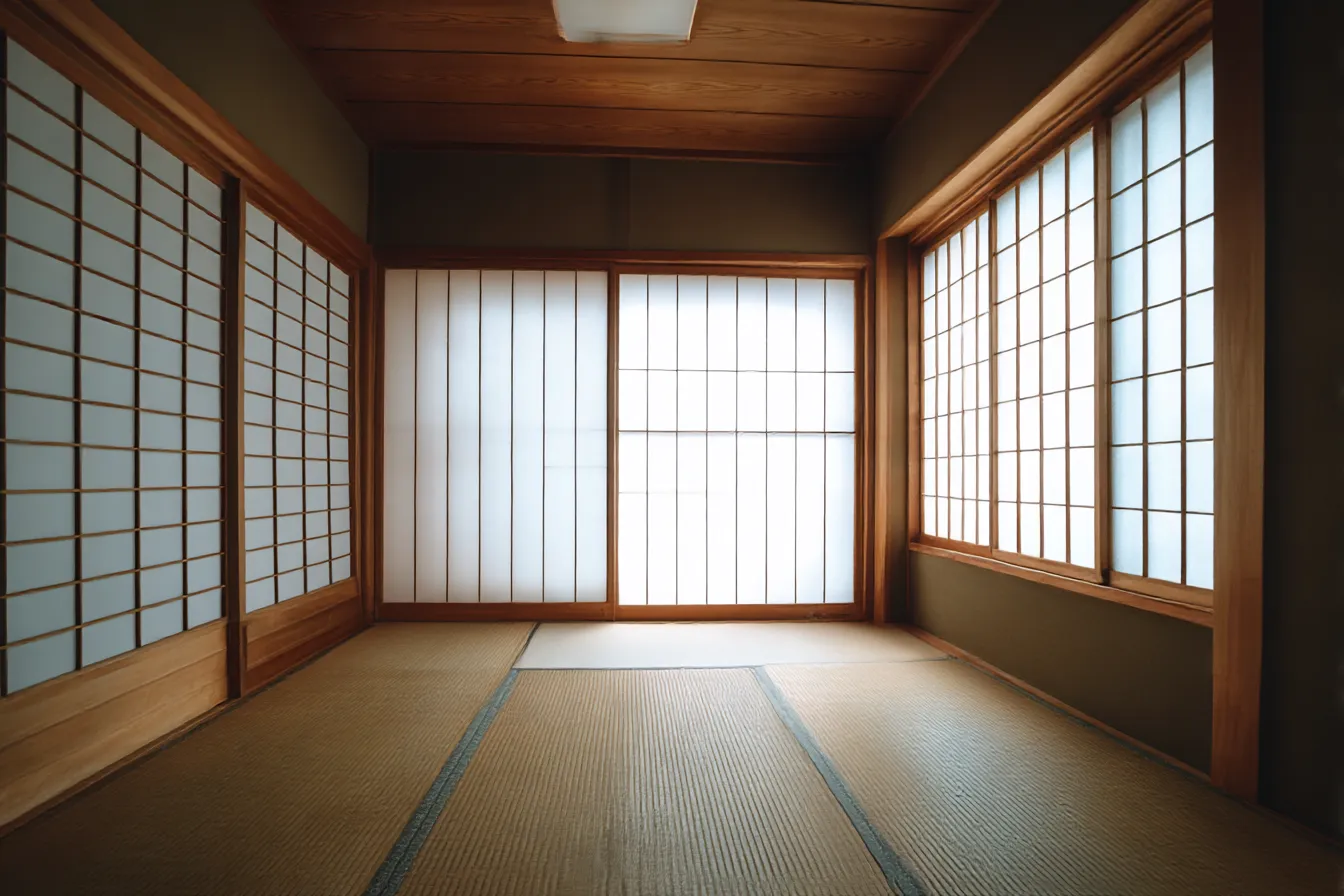和室背景　障子に包まれた光と陰の部屋｜左右と正面に障子が配された落ち着きある和室背景。柔らかな自然光と畳の色味が調和し、伝統的な日本家屋らしい静けさと安心感を感じさせる。