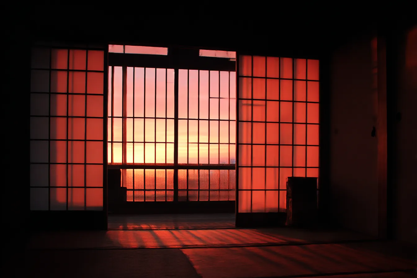 和室背景　夕焼けに染まる和風の空間｜夕日の赤みが障子越しに差し込む幻想的な和室背景。シルエットと陰影のコントラストが強く、切なさや郷愁を呼び起こすドラマティックな構図。