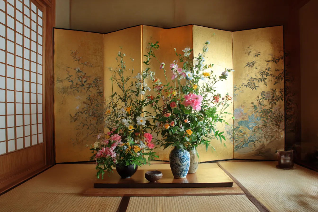 和室背景　金屏風と生け花の格式空間｜豪華な金屏風と華やかな生け花が飾られた格式高い和室背景。雅な伝統美と上品な空気感が調和し、晴れやかな場面にふさわしい格調を演出。