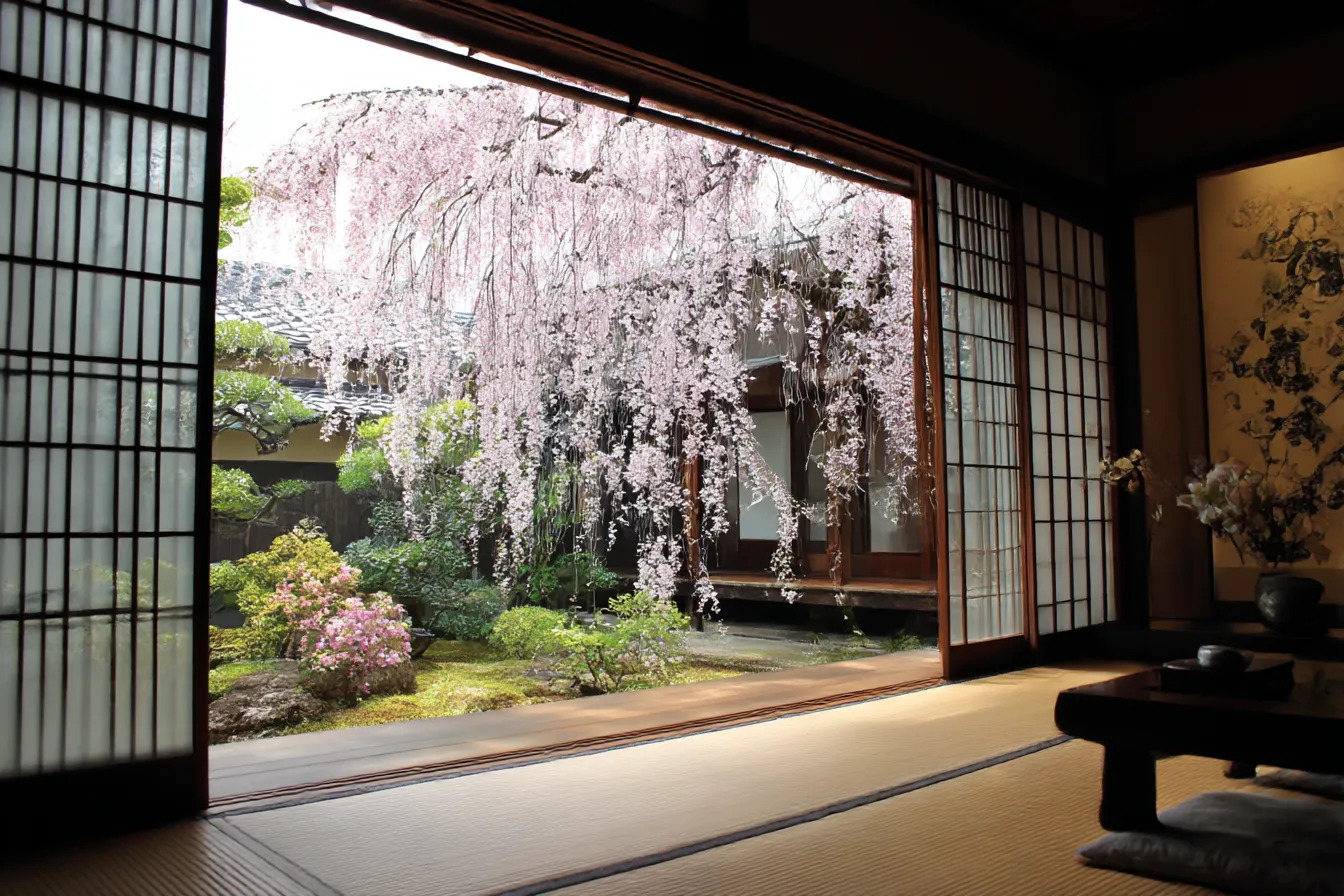 和室背景　縁側から望む春の庭園景色｜満開のしだれ桜が縁側越しに見える和室背景。季節感あふれる美しい庭と開放感のある構図が、日本的な情緒とやさしさを表現している。