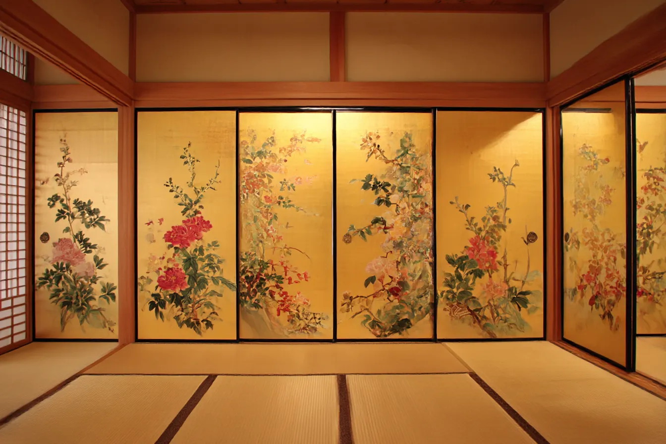 和室背景　花絵の襖に囲まれた和の間｜金色の襖に花々が丁寧に描かれた華やかな和室背景。伝統絵画の装飾が空間を彩り、格式と芸術性を備えた優美な室内演出が際立つ。