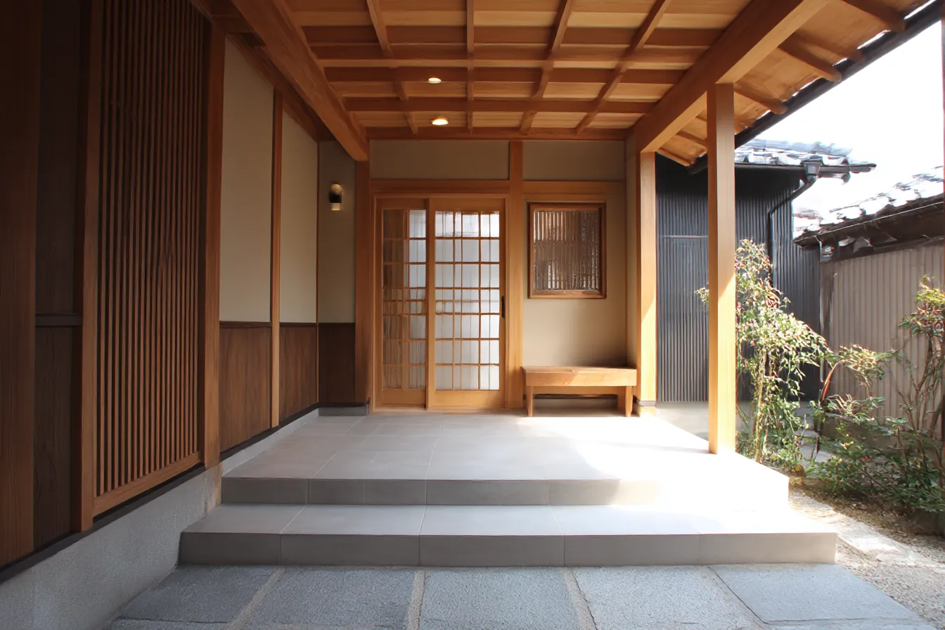 料亭風の玄関背景｜丁寧に整えられた木造の格子戸と庇が美しい、料亭を思わせる上品な玄関背景。格式と清潔感を演出するスタイルで、和装キャラなどとの親和性が高い。