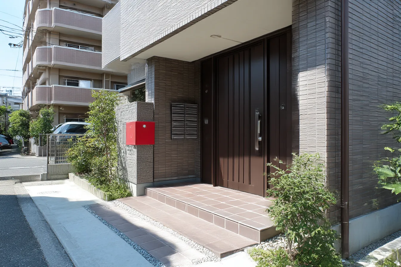 都市型住宅の玄関背景｜タイル張りの玄関ポーチとモダンな外壁が特徴の都市型住宅の玄関背景。機能的で現代的な印象を与え、都会的なライフスタイルを表現する場面にぴったり。
