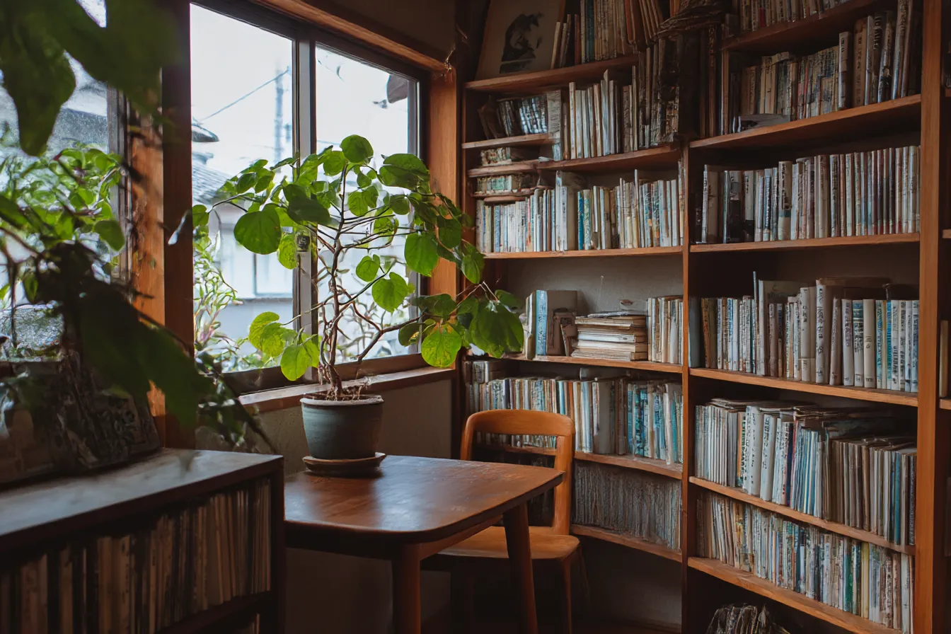 読書好きな人の部屋背景｜木製の書棚にびっしりと並んだ本と観葉植物が印象的な、落ち着いた読書家の部屋背景。自然光が優しく差し込み、知的でレトロな空気を演出できる。