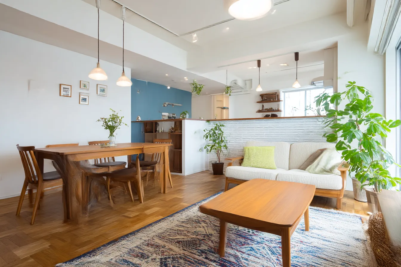 ナチュラルリビングの部屋背景｜木のぬくもりを活かした家具と観葉植物に囲まれたナチュラルテイストの部屋背景。温かみと開放感が調和し、明るく心地よいリビングの演出に最適。