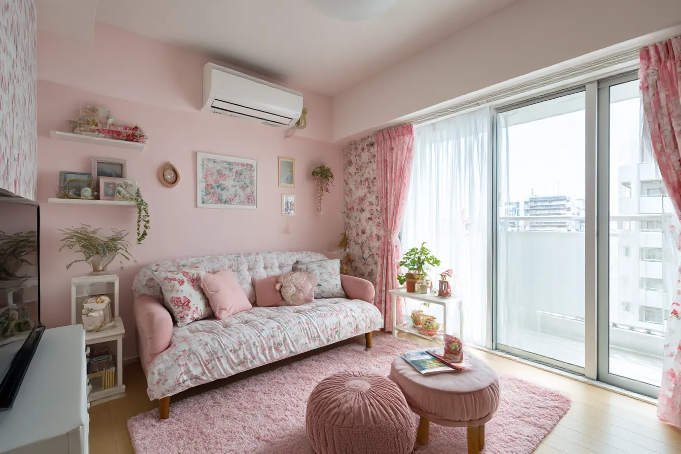 姫系ソファの部屋背景｜ピンクを基調とした家具とファブリックでまとめられた姫系の部屋背景。ふんわりとした甘さと可愛らしさが際立つ、ガーリーで華やかな演出に適している。