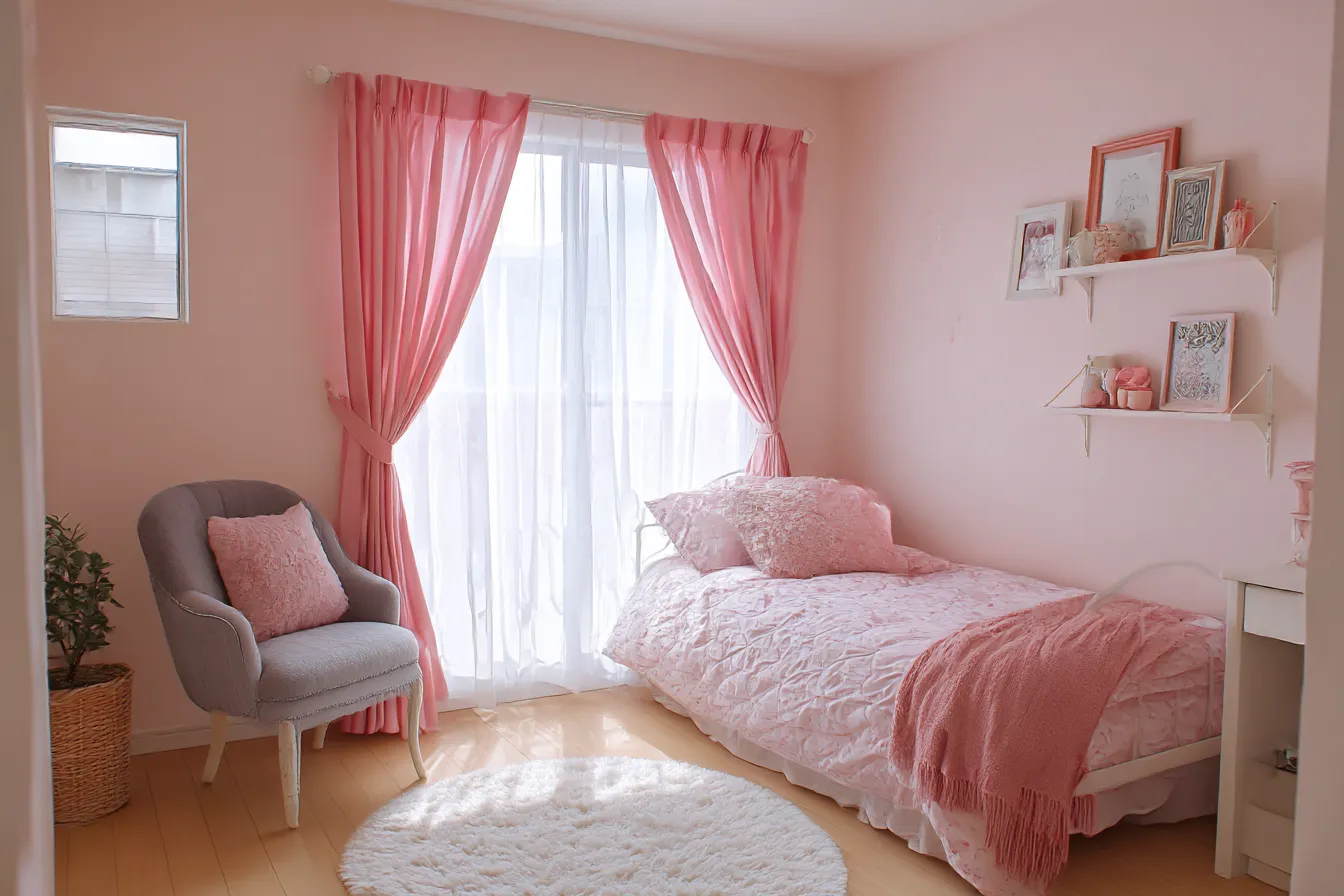 姫系ベッドルームの部屋背景｜光が差し込むピンクのベッドルーム背景。シンプルな構成ながらふんわりした布や小物が映える、少女らしい夢見心地な空間を表現できる。