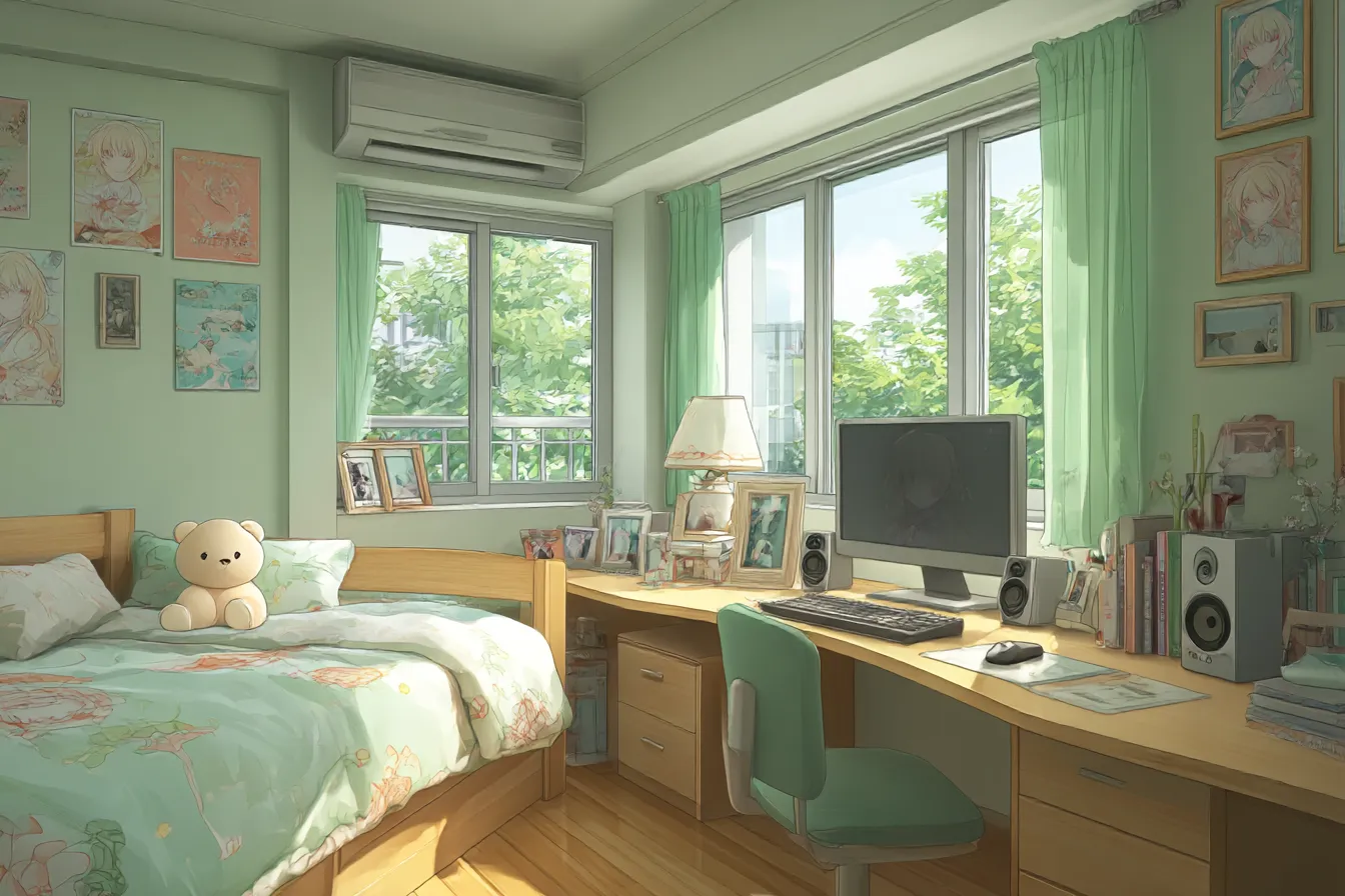 アニメ風グリーン部屋背景｜やわらかな光とパステル調の色合いが可愛い、アニメ調のガーリーな部屋背景。自然に囲まれた日常感をアート風に描き出す、やさしい演出が可能。