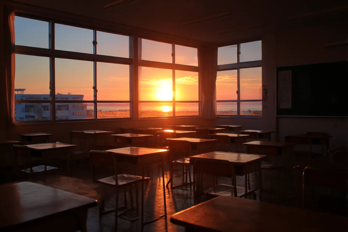 夕焼けの教室背景｜赤く染まった夕日が教室いっぱいに差し込む背景。ドラマティックな雰囲気と切なさ、青春のひとコマを感じさせる演出にぴったりの情景。