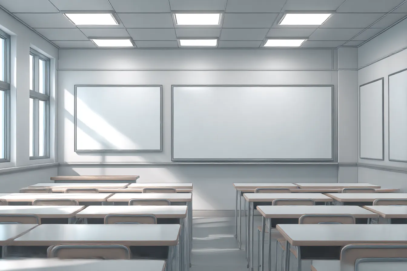 アニメ調の教室背景｜清潔感あるホワイトトーンで描かれたアニメ風の教室背景。デジタルらしい整理された線と光の表現で、幅広いシーンに汎用性のある明るい印象を与える。