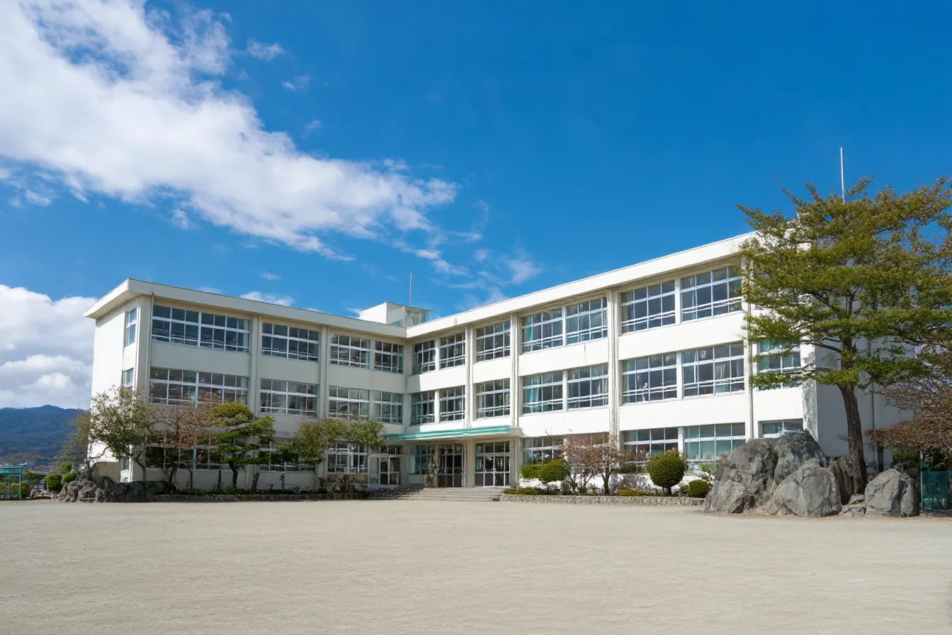青空と校舎の学校背景｜晴天の下にそびえる白い校舎と広々とした校庭が印象的な学校背景。澄んだ空気感と開放感があり、明るく爽やかな青春シーンの演出にぴったり。
