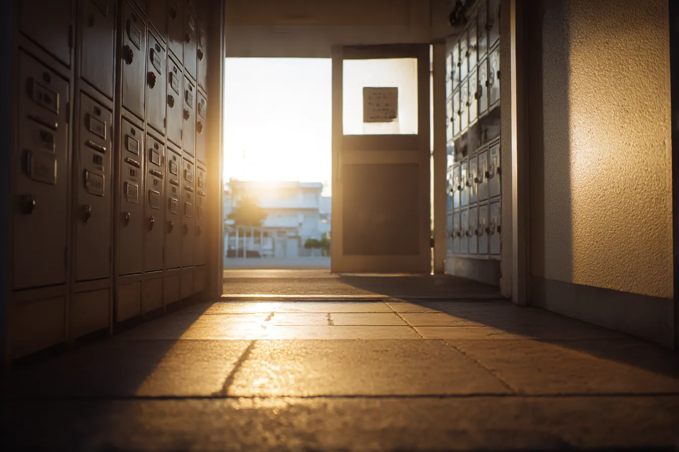 昇降口の逆光学校背景｜昇降口から差し込む逆光が床に長い影を落とす学校背景。始まりや終わり、日常のひとコマをドラマチックに切り取る印象的な構図。