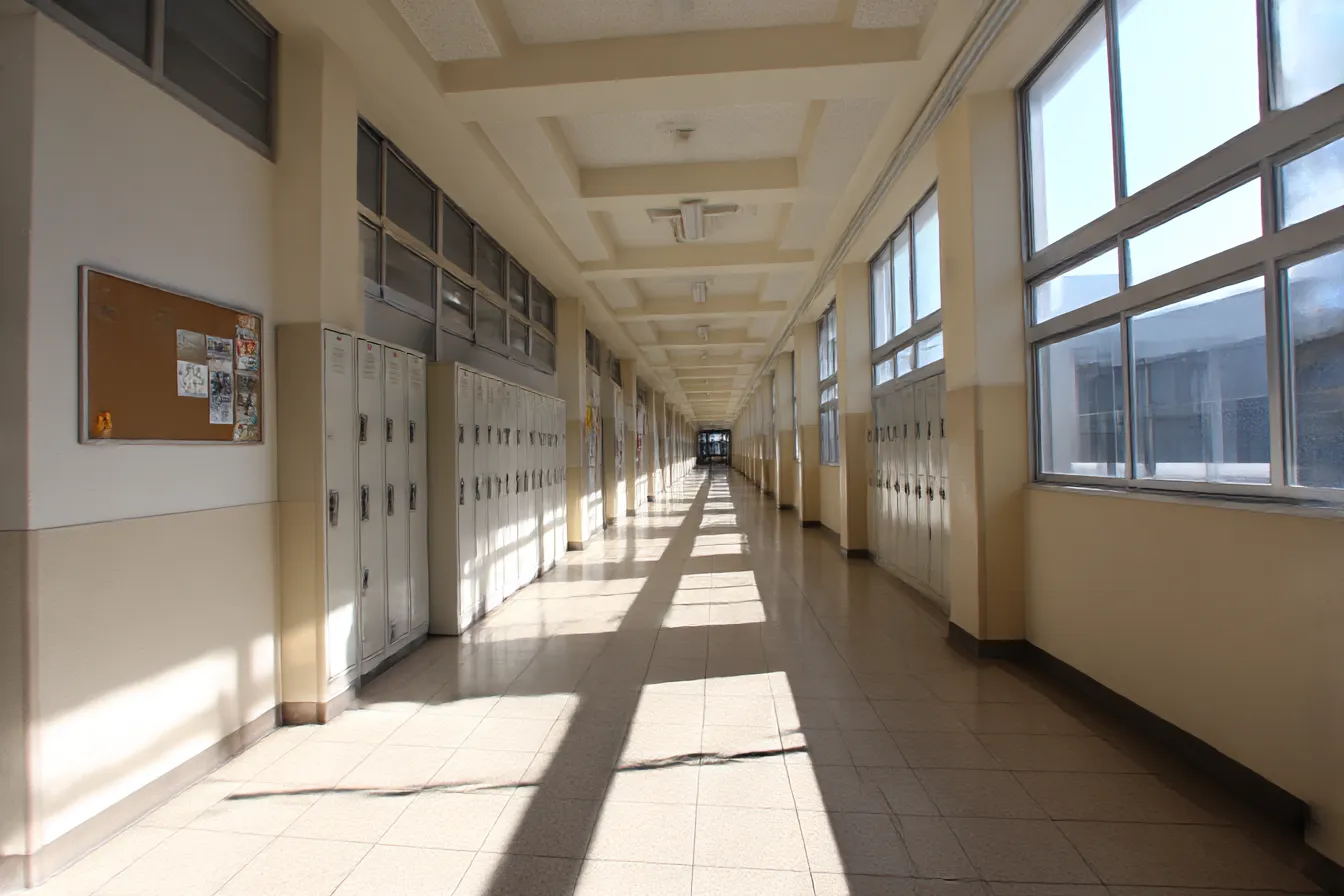ロッカー廊下の学校背景｜長く続くロッカー付きの廊下に朝日が差し込む学校背景。静けさと日常感が共存し、青春の始まりや通学シーンなどに自然なリアリティを添える。