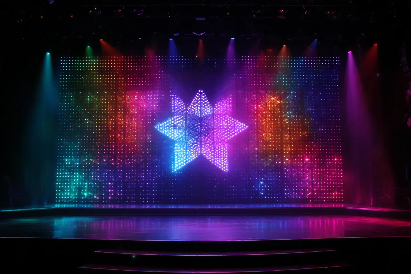 LEDライト演出のスター型ステージ背景｜スター型の光の演出が特徴的な近未来感のあるステージ背景。多色のLEDが織りなす幻想的な輝きで、ライブやショーに最適。