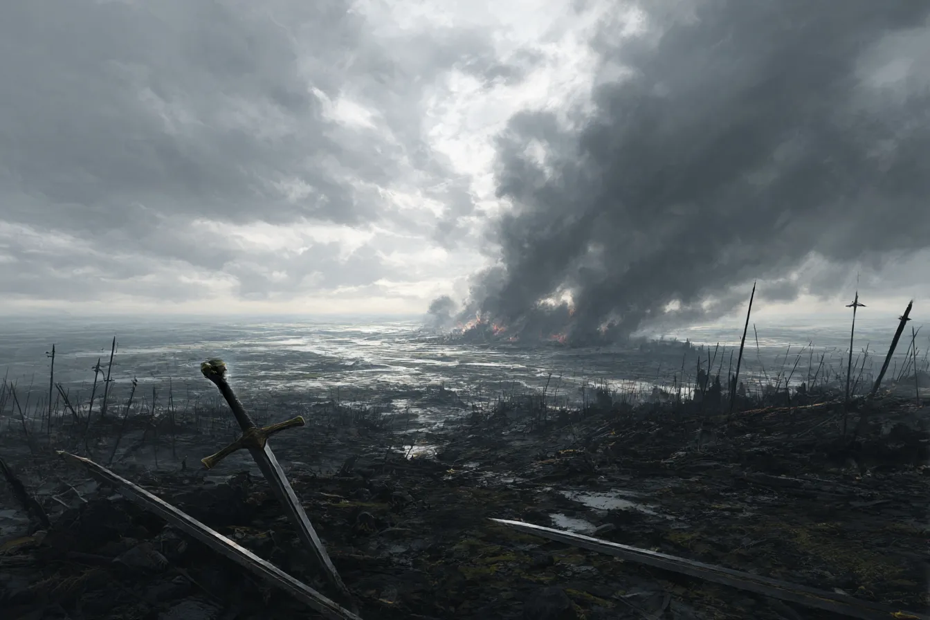 焼け野原の剣と煙の戦場背景｜戦の爪痕が残る焦土の戦場背景。折れた剣や煙、焼け落ちた地表がリアルに描かれ、絶望と過酷さを表現した重厚なダークファンタジー風。