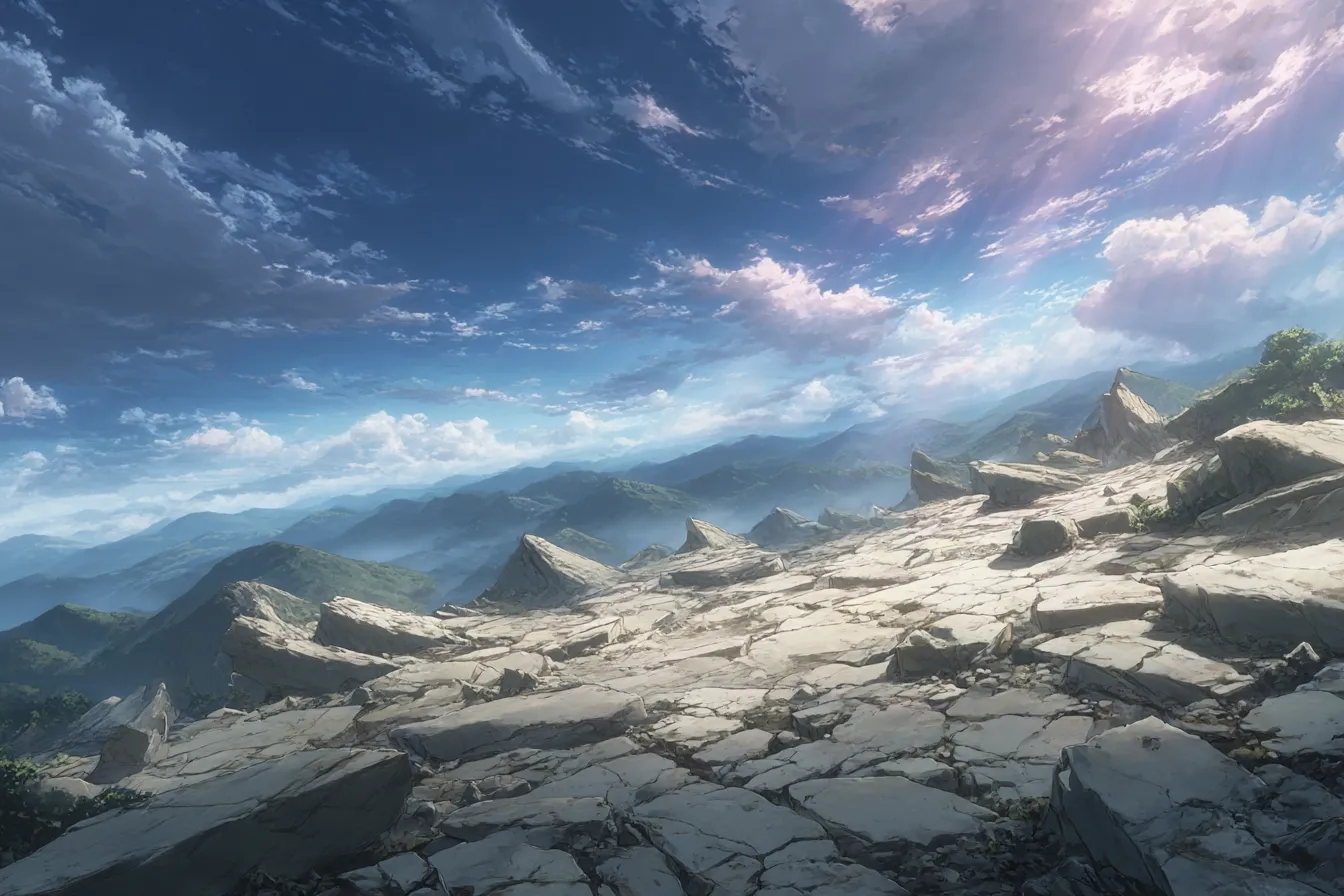 崩れた岩山の静寂な戦場背景｜戦の余韻が残る岩だらけの高地を描いた戦場背景。風が吹き抜けるような静寂と、過ぎ去った戦いの名残が感じられる叙情的なタッチ。